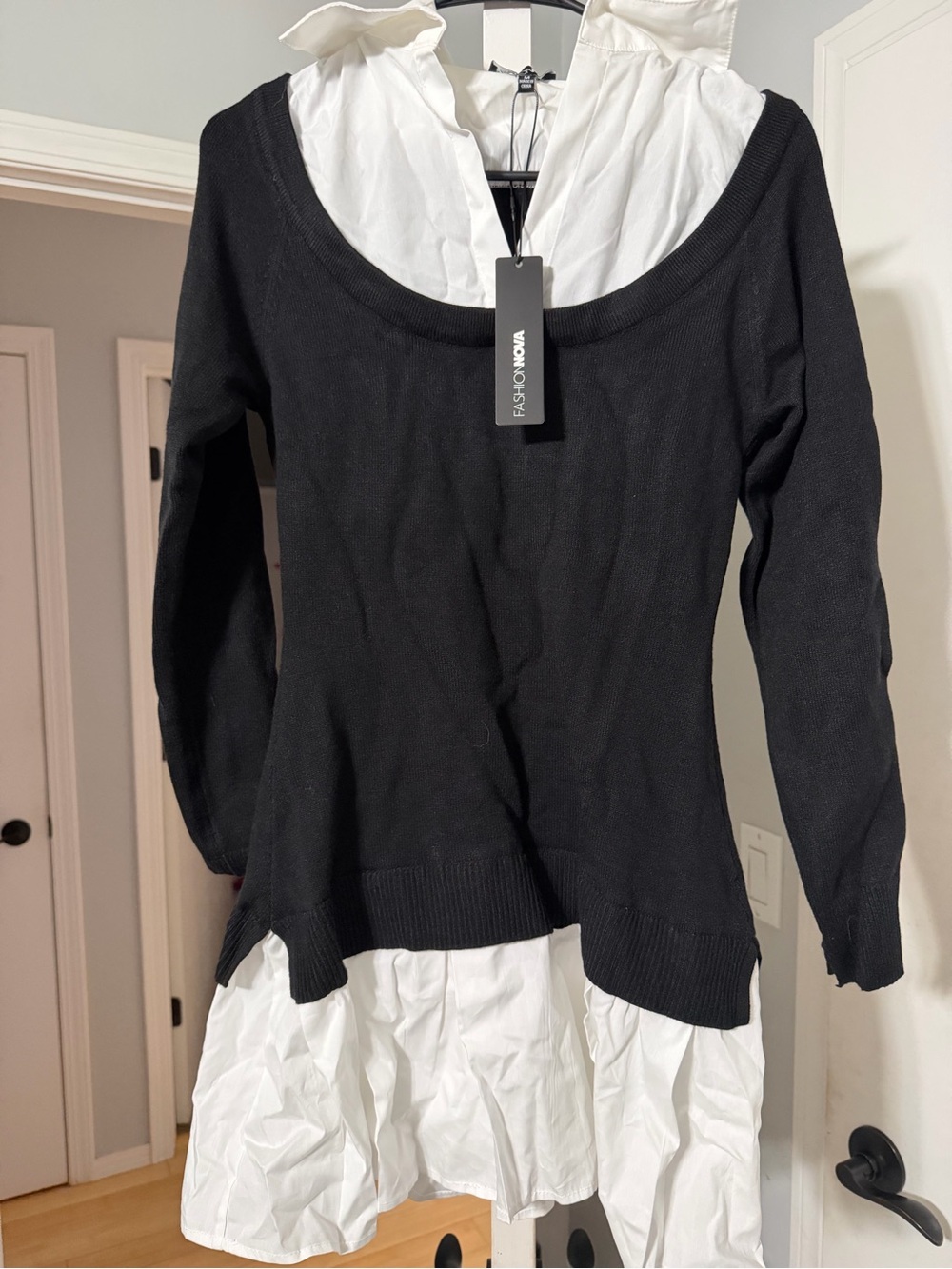 Fashion Nova Black Knit Sweater with White Collared Shirt Layer